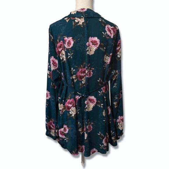 Torrid Harper Teal Floral Long Sleeve Tie Back Blouse Sz OX 1X XXL - Picture 8 of 12
